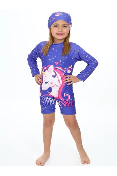 Kız Çocuk Yüzücü Şortlu ve Boneli Mayo Takımı 3-10 Yaş 12222 - 3