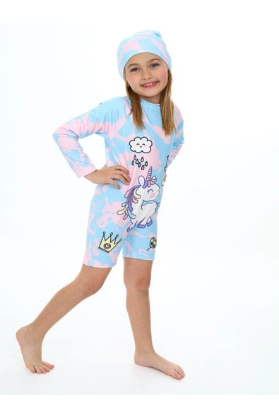 Kız Çocuk Yüzücü Şortlu ve Boneli Mayo Takımı 3-10 Yaş 12222 - 4
