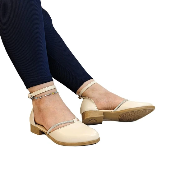 Fiyra 4050 Bej Taşlı Bilek Bağlı Karnıyarık Bayan Babet Sandalet - 2