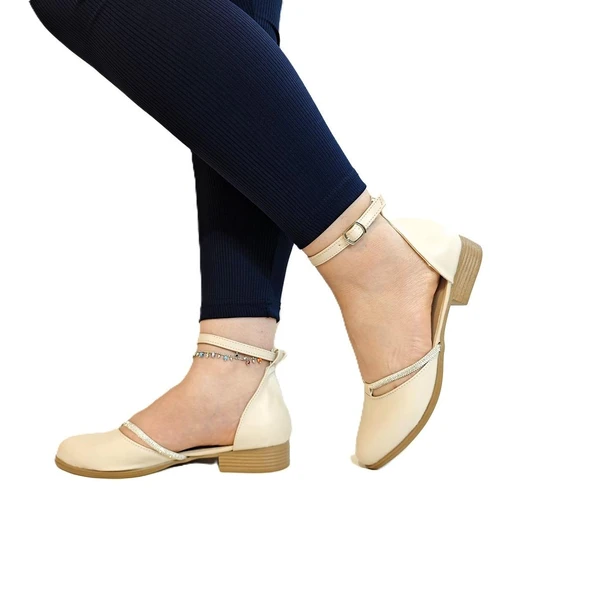 Fiyra 4050 Bej Taşlı Bilek Bağlı Karnıyarık Bayan Babet Sandalet - 5