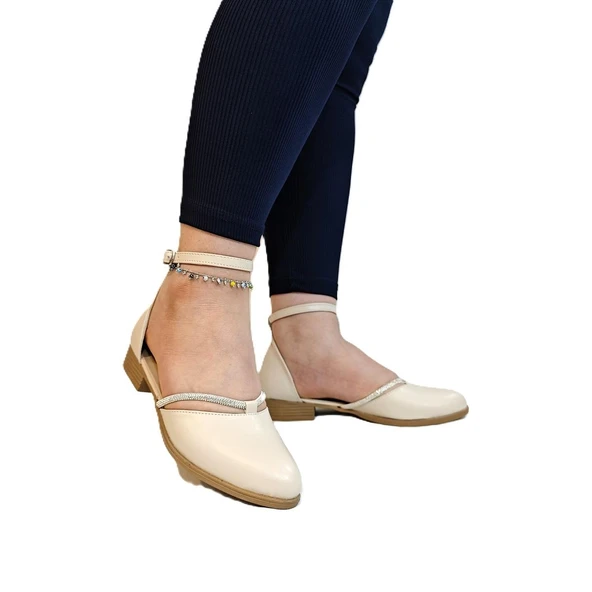 Fiyra 4050 Bej Taşlı Bilek Bağlı Karnıyarık Bayan Babet Sandalet - 4