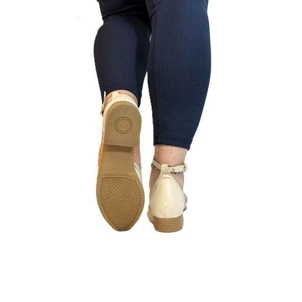 Fiyra 4050 Bej Taşlı Bilek Bağlı Karnıyarık Bayan Babet Sandalet - 6