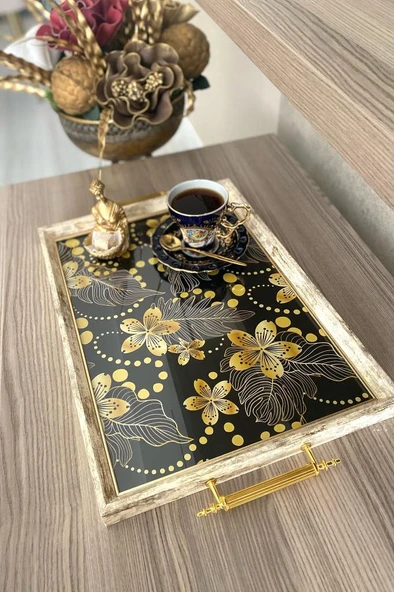 Desenli Çay Tepsisi ,lüx Çay Tepsisi,sunum Tepsisi Etnik Desen - 2