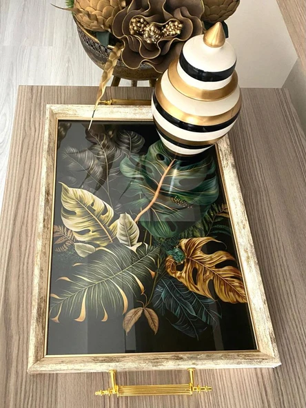 Yaprak Desenli Çay Tepsisi ,lüx Çay Tepsisi,sunum Tepsisi - 3