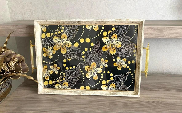 Desenli Çay Tepsisi ,lüx Çay Tepsisi,sunum Tepsisi Etnik Desen - 3