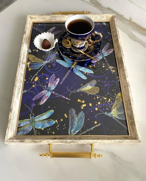 Desenli Çay Tepsisi ,lüx Çay Tepsisi,sunum Tepsisi Desenli - 3