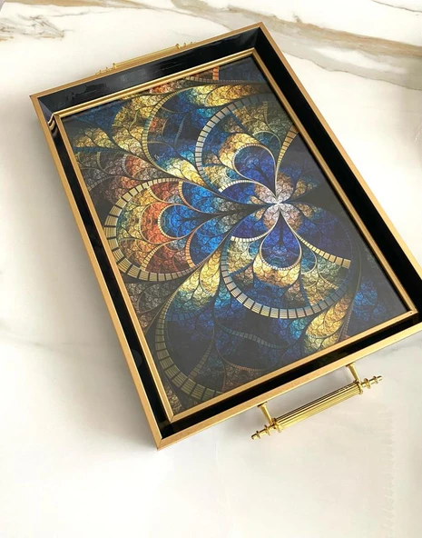 Desenli Çay Tepsisi ,lüx Çay Tepsisi,sunum Tepsisi Etnik Desen - 5