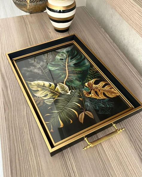 Yaprak Desenli Çay Tepsisi ,lüx Çay Tepsisi,sunum Tepsisi - 8