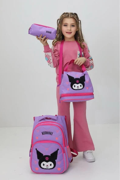 Kuromi Tasarımlı Kız Çocuk 3 lü Okul Çanta Seti Sırt Çantası Termal Beslenme Çantası Kalemlik