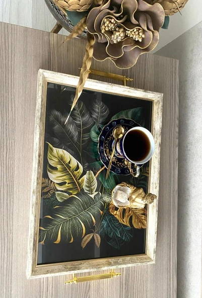 Yaprak Desenli Çay Tepsisi ,lüx Çay Tepsisi,sunum Tepsisi - 4