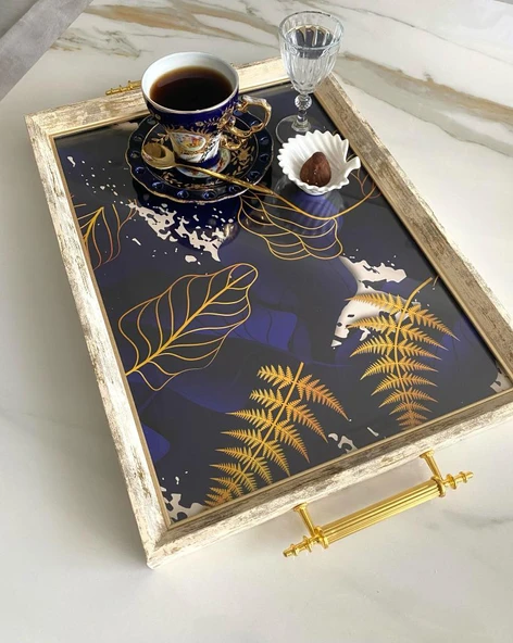 Desenli Çay Tepsisi ,lüx Çay Tepsisi,sunum Tepsisi Palmiye - 4