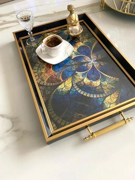 Desenli Çay Tepsisi ,lüx Çay Tepsisi,sunum Tepsisi Etnik Desen - 8