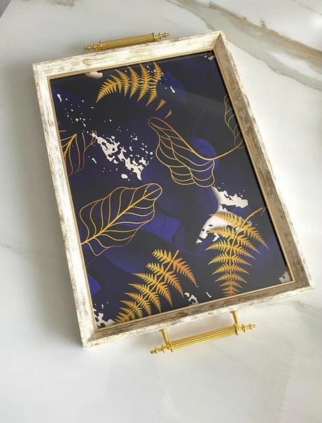 Desenli Çay Tepsisi ,lüx Çay Tepsisi,sunum Tepsisi Palmiye - 3