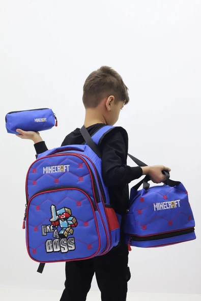 Maycraft Lisanslı Erkek Çocuk İlkokul Çanta Seti 3 lü Sırt Çantası Termal Beslenme Çantası Kalemlik - 3