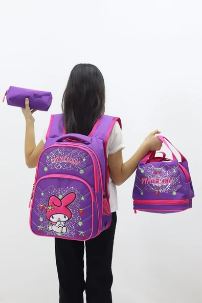 MyMelody Kız Çocuk 3 lü Okul Çanta Seti Sevimli Tasarımlı Sırt Çantası Beslenme Çantası Kalemlik