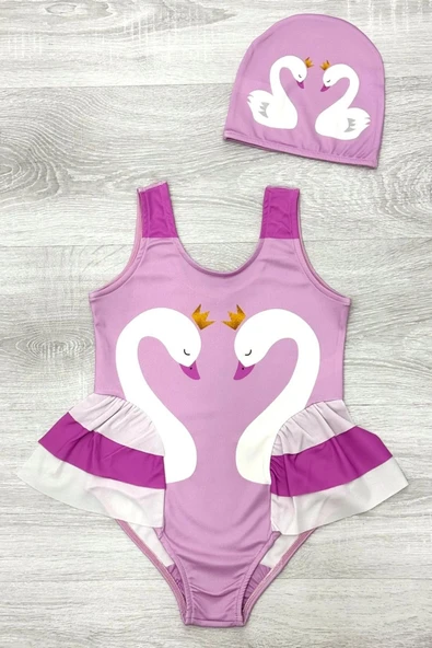 Kız Çocuk Kuğu Baskılı Fırfırlı ve Boneli Mayo Takımı 3-10 Yaş 12224 - Resim 3