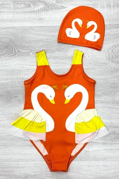 Kız Çocuk Kuğu Baskılı Fırfırlı ve Boneli Mayo Takımı 3-10 Yaş 12224 - Resim 5