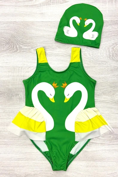 Kız Çocuk Kuğu Baskılı Fırfırlı ve Boneli Mayo Takımı 3-10 Yaş 12224 - Resim 4