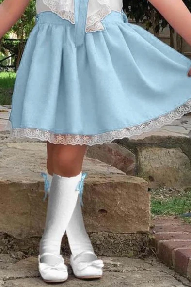 Kız Çocuk V Yaka Omuzları ve Etek Ucu Dantel İşlemeli Mavi Elbise - Resim 3