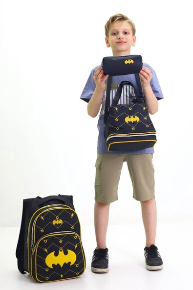 Batman Temalı Erkek Çocuk 3 lü Okul Çanta Seti Süper Kahraman Sırt Çantası Beslenme Çantası Kalemlik