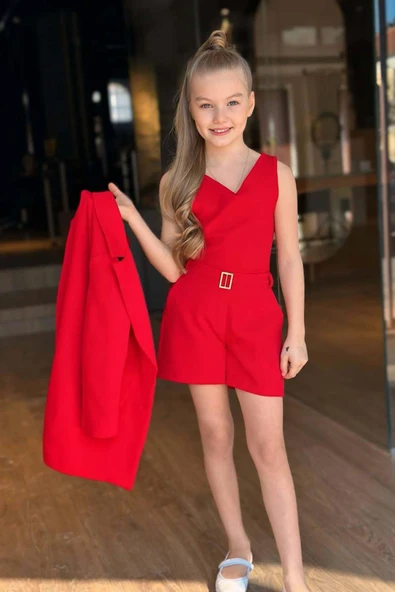 Kız Çocuk Gold Düğmeli ve Gül Broşlu Blazer Ceket Askılı Penye Bluz Kırmızı Şortlu Takım - Resim 5