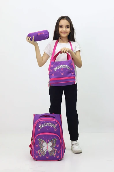 Kelebek Temalı Kız Çocuk 3 lü Okul Çanta Seti  Sırt Çantası Termal Beslenme Çantası + Kalemlik