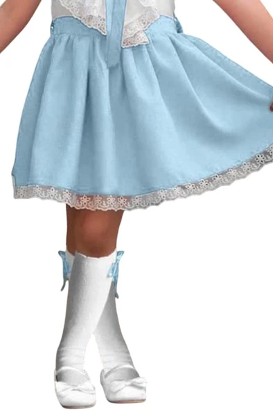 Kız Çocuk V Yaka Omuzları ve Etek Ucu Dantel İşlemeli Mavi Elbise - Resim 7