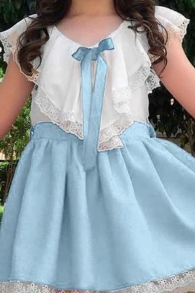 Kız Çocuk V Yaka Omuzları ve Etek Ucu Dantel İşlemeli Mavi Elbise - Resim 4