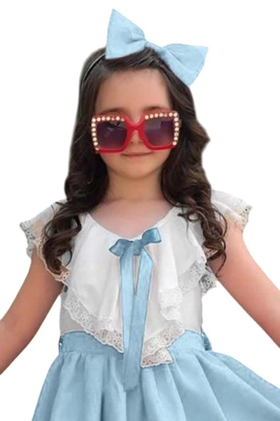 Kız Çocuk V Yaka Omuzları ve Etek Ucu Dantel İşlemeli Mavi Elbise - Resim 6