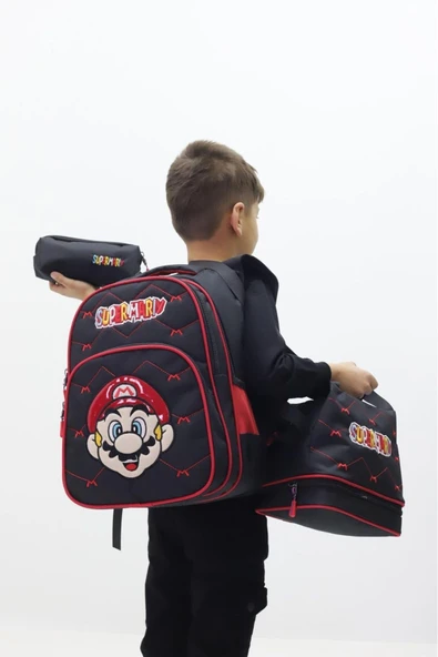 Erkek Çocuk Super Mario Temalı 3 lü Okul Seti Sırt Çantası ve Beslenme Çantası Kalemlik - 3