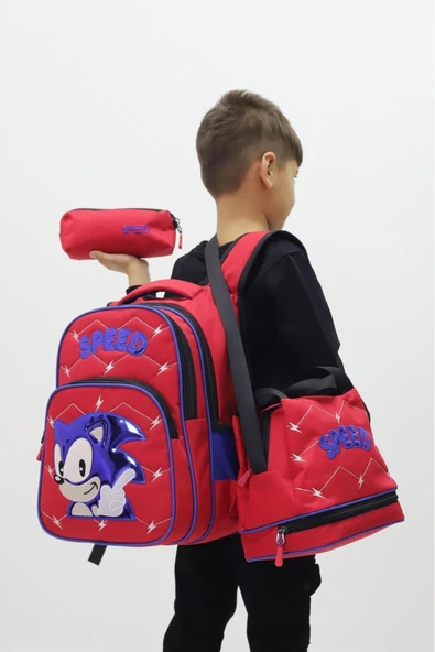 Kirpi Sonic Erkek Çocuk 3 lü Okul Çanta Seti Özel Tasarım Sırt Çantası Beslenme Çantası Kalemlik