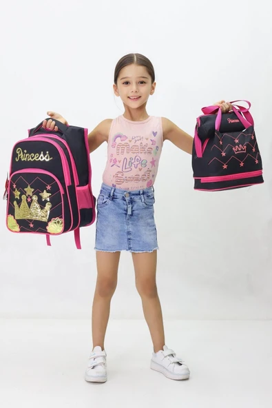 Prenses Temalı Kız Çocuk 3 lü Okul Çanta Seti Pembe Sırt Çantası Termal Beslenme Çantası Kalemlik - 3