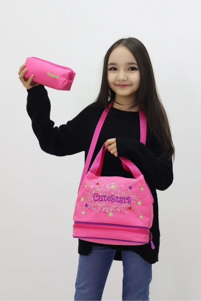 Cute Stars Kız Çocuk 3 lü Okul Çanta Seti Yıldızlı Sırt Çantası Termal Beslenme Çantası Kalemlik - 5