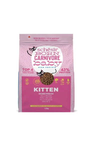 Born Carnivore Baby Kitten Tavuk ve Yumurtalı Tahılsız Yavru Kedi Kuru Maması 1.25 Kg.