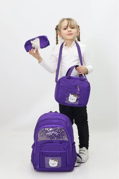 Kız Çocuk Hello Kitty Temalı 3 lü Okul Çanta Seti Sırt Çantası Termal Beslenme Çantası Kalemlik - 2