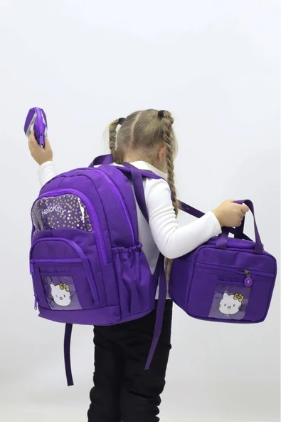 Kız Çocuk Hello Kitty Temalı 3 lü Okul Çanta Seti Sırt Çantası Termal Beslenme Çantası Kalemlik - 4