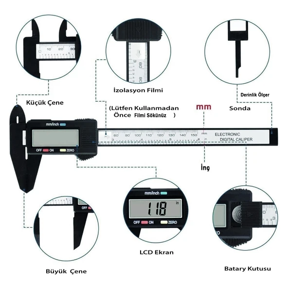 Dijital Kumpas LCD Ekran Plastik Çene 150 mm Lastik Derinlik Çap Ölçme 0.2 mm Hassasiyet İnç Ölçüm - 2