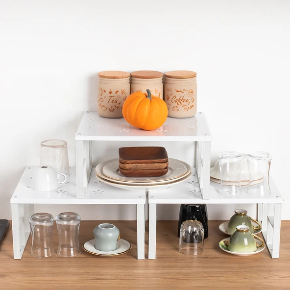 Porsima Org-01 - 3lü Raf Düzenleyici - Dolap Içi Düzenleyici Raf - Tabak Bardak Rafı - 3