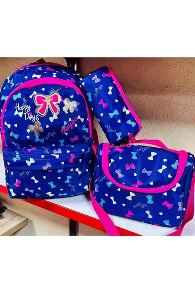 Fiyonklu Çocuk 3 lü Okul Çanta Seti Lacivert Renkli Sırt Çantası Termal Beslenme Çantası Kalemlik - 2