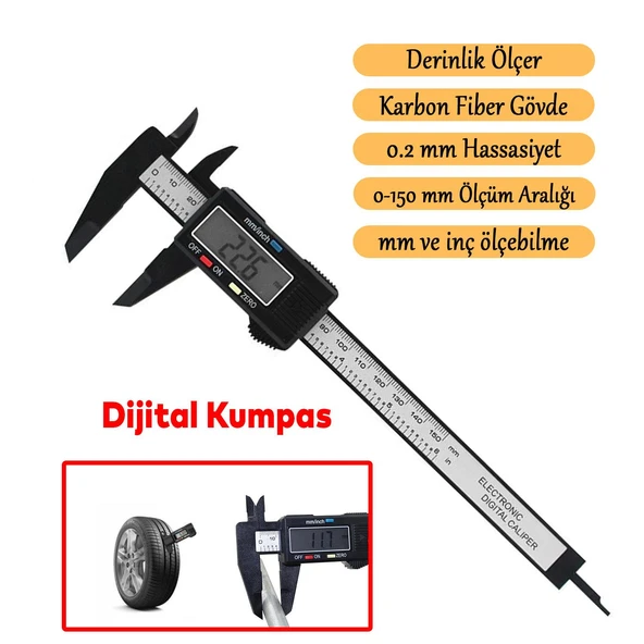 Dijital Kumpas LCD Ekran Plastik Çene 150 mm Lastik Derinlik Çap Ölçme 0.2 mm Hassasiyet İnç Ölçüm