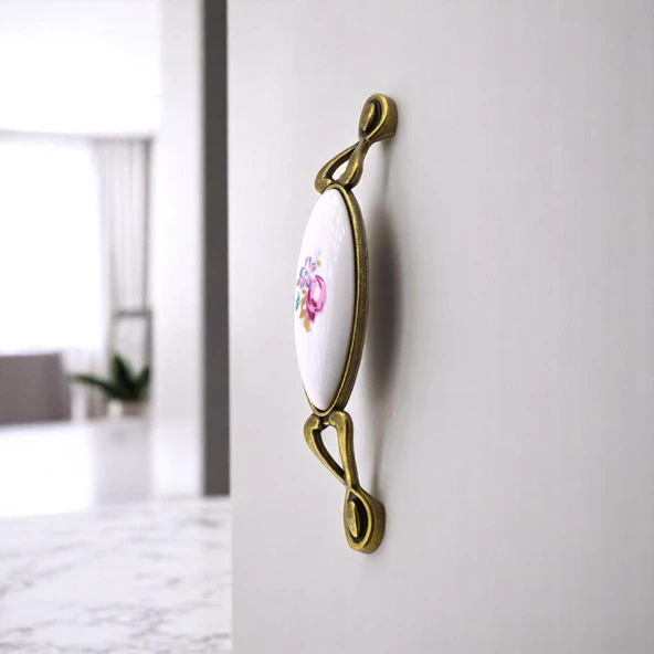 Zarif Porselen Eskitme Antik Sarı Kulp 128 mm Mobilya Çekmece Mutfak Dolabı Dolap Kapak Kulplar Kulb - Resim 4