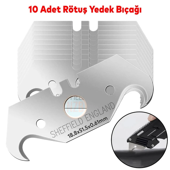 Kancalı Rötuş Bıçak Yedeği Kesme Boynuz Bıçak Maket Bıçağı 10'lu Paket 18.8x51.5x0,61mm İthal