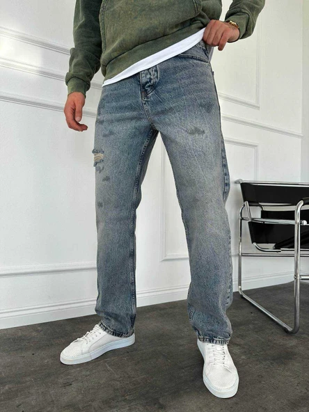 Yırtık Detay Yıkamalı Baggy Jean