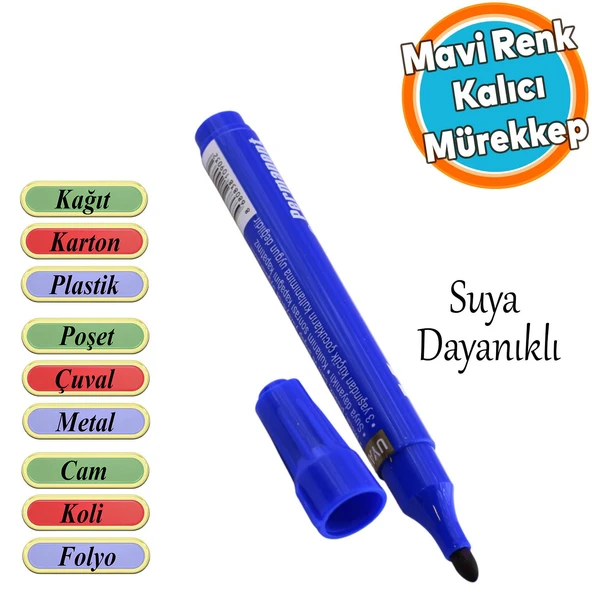 Suya Dayanıklı Kalıcı Çıkmaz Koli Kalemi İşaretleme Markalama Mavi Kalem Metal Cam Çuval Folyo