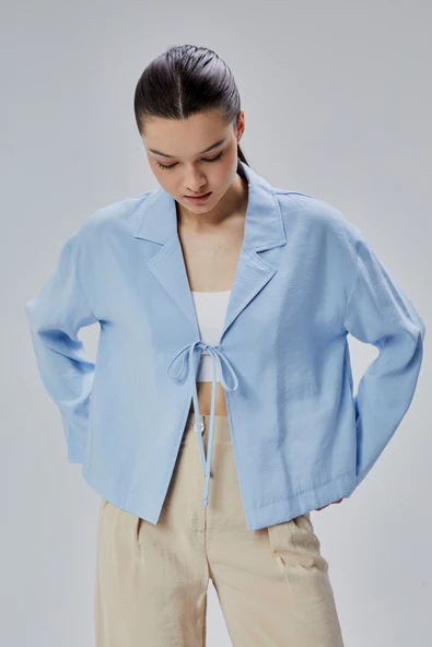 Bebe Mavisi Salaş Kesim Bağlama Detaylı Gömlek - Resim 8