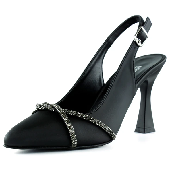 Erkan Saçmacı Raphtalia Plus Siyah Saten Burma Taşlı İnce Topuklu Arkası Açık Abiye Ayakkabı