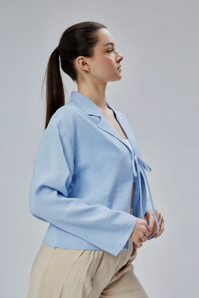 Bebe Mavisi Salaş Kesim Bağlama Detaylı Gömlek - Resim 6