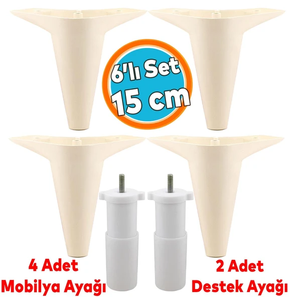 Mobilya Tv Ünitesi Çekyat Koltuk Kanepe Baza Destek Ayağı Ayakları 15 Cm Krem M8 6'lı Set ürün görseli