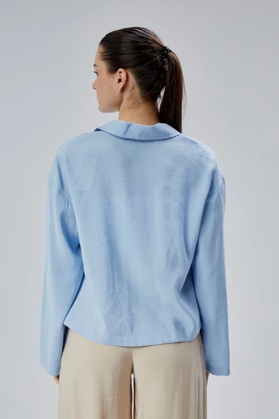 Bebe Mavisi Salaş Kesim Bağlama Detaylı Gömlek - Resim 7