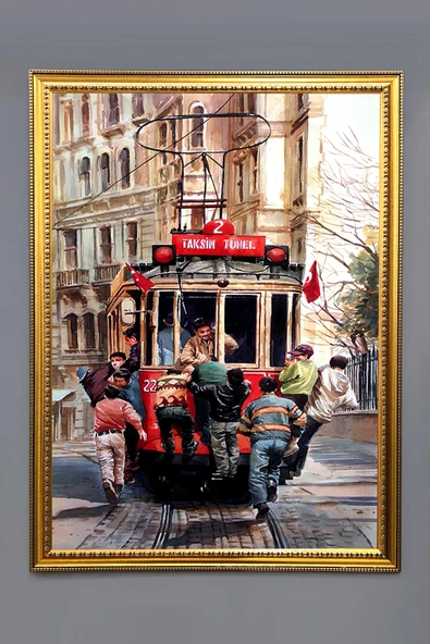 İstiklal Caddesi Tramvay Desenli Çerçeveli Duvar Tablosu 50x70cm İstanbul07 RENKLİ 50 X 70